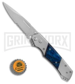 Super Knife Croc Automatic Knife Stainless W/ Blue Inlay - Satin Serr -Knife Store GA303MBL BP 25774 er bottlecap large 1