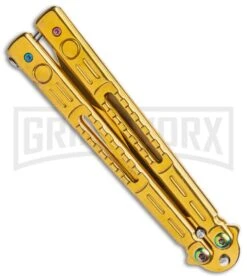 Chalkhill Balisong Butterfly Knife - Gold Tanto Skeletonized -Knife Store Gold Balisong Clip Point Butterfly Knife Gold Finish GX 37655 td side large