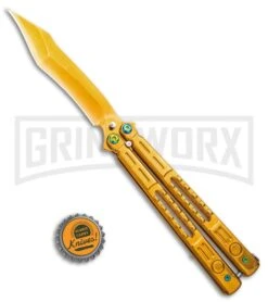 Chalkhill Balisong Butterfly Knife - Gold Tanto Skeletonized -Knife Store Gold Balisong Clip Point Butterfly Knife Gold Finish GX 37655 td size large
