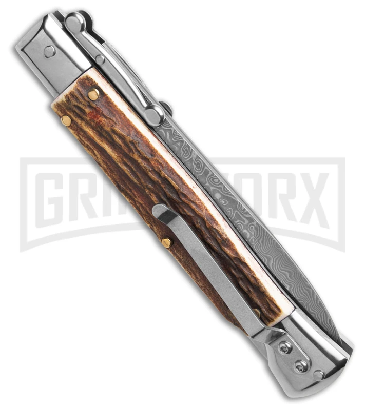 Automatic Italian Style Swinguard 9" Stag W/Clip - Damascus Bayonet Blade 3 Automatic Italian Style Swinguard 9" Stag W/Clip - Damascus Bayonet Blade - Image 3