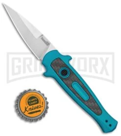Kershaw Launch 12 Teal Aluminum Mini Stiletto Automatic Knife - Stonewash Plain -Knife Store Kershaw Launch 12 CA Legal Stiletto Auto Teal SW KER7125TEALSW BHQ 115102 jr bottlecap large