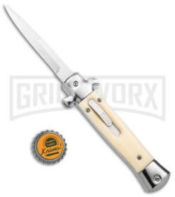 Mago 9" Sim Ivory Italian Stiletto OTF Auto Knife - Satin Bayonet W/o Clip -Knife Store Mago 9in Sim Ivory Italian Stiletto OTF Satin Bayo without Clip GX 38929 jr bottlecap large