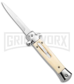 Mago 9" Sim Ivory Italian Stiletto OTF Auto Knife - Satin Bayonet W/o Clip