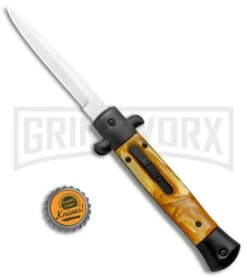 Mago 9" Yellow Marble Italian Stiletto OTF Automatic Knife - Black Bolsters -Knife Store Mago 9in Yellow Marble Italian Stiletto OTF Auto Black Bolsters Dagger Satin GX 37719 jr bottlecap large