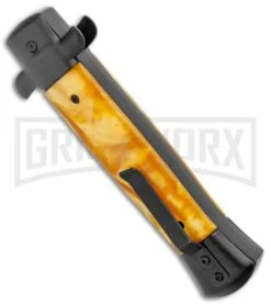 Mago 9" Yellow Marble Italian Stiletto OTF Automatic Knife - Black Bolsters -Knife Store Mago 9in Yellow Marble Italian Stiletto OTF Auto Black Bolsters Dagger Satin GX 37719 jr side large