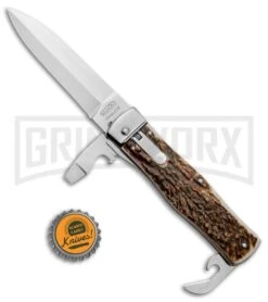 Mikov 241 Predator Stag Multi-Tool Automatic Leverlock Knife - Satin Plain -Knife Store Mikov 241 Predator Multi Tool Auto Stag Polish BHQ 124658 jr bottlecap large