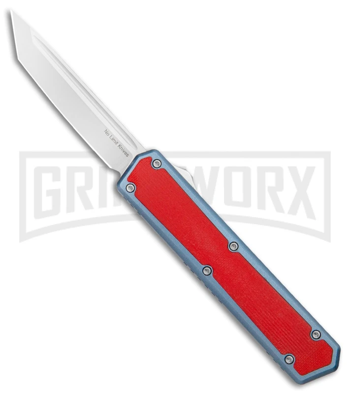 No Limit Knives Vanga Red/Blue OTF Automatic Knife - Tanto Satin Plain 1 No Limit Knives Vanga Red/Blue OTF Automatic Knife - Tanto Satin Plain