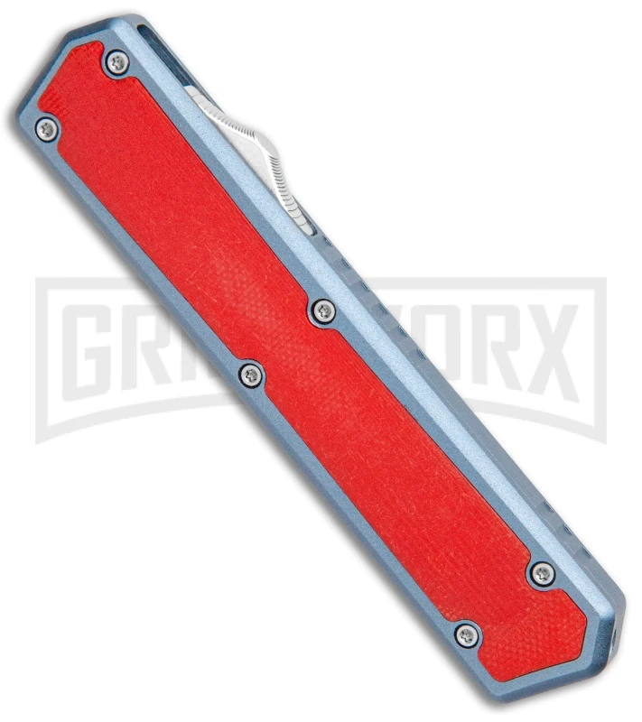 No Limit Knives Vanga Red/Blue OTF Automatic Knife - Tanto Satin Plain 2 No Limit Knives Vanga Red/Blue OTF Automatic Knife - Tanto Satin Plain - Image 2