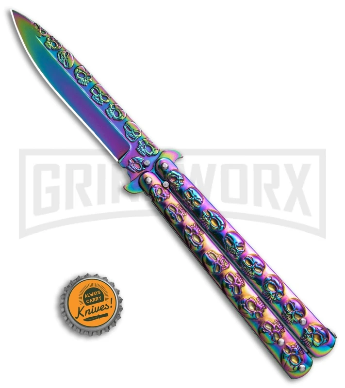 Rainbow Skull Balisong Drop Point Butterfly Knife 4 Rainbow Skull Balisong Drop Point Butterfly Knife - Image 4