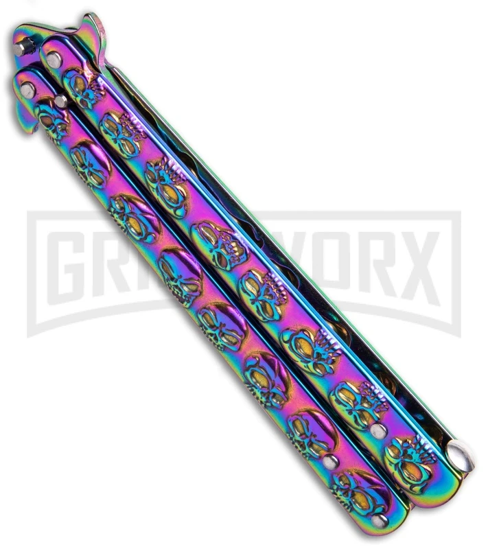 Rainbow Skull Balisong Drop Point Butterfly Knife 2 Rainbow Skull Balisong Drop Point Butterfly Knife - Image 2