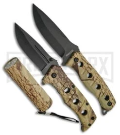 Rite Edge Hunter's Guilt Green Camo Knife Set W/ Flashlight - Black Plain