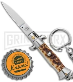 SKM 2.75" Italian Stiletto Keychain Stag Automatic Knife - Satin Plain 7 SKM 2.75" Italian Stiletto Keychain Stag Automatic Knife - Satin Plain -Knife Store SKM 2.75in Italian Stiletto Keychain Sim Abalone Auto Satin GX 36953 jr bottlecap large