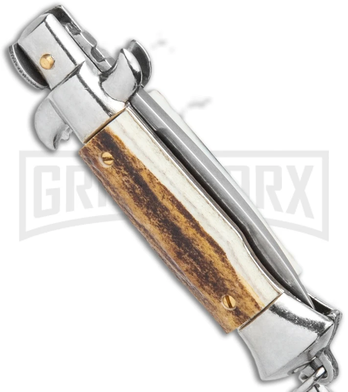 SKM 2.75" Italian Stiletto Keychain Stag Automatic Knife - Satin Plain 3 SKM 2.75" Italian Stiletto Keychain Stag Automatic Knife - Satin Plain - Image 3