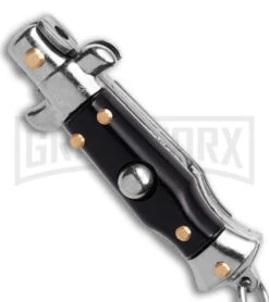 SKM 2.75" Italian Stilletto Keychain Black Automatic Knife -Knife Store SKM 2in Keychain Stiletto AK Black 1in Satin Flat BHQ 51045 td spine large