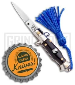 Italian Stiletto Black Automatic Knife Blue Keychain - Flat Grind -Knife Store SKM Italian Stiletto Keychain Auto Black Blue Satin BHQ 102944 jr bottlecap large 1