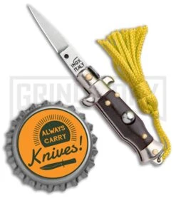 Italian Stiletto Brown Automatic Knife Yellow Keychain - Flat Grind -Knife Store SKM Italian Stiletto Keychain Auto Brown Yellow Satin BHQ 102941 jr bottlecap large