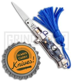 Italian Stiletto Gray Marble Automatic Knife Blue Keychain - Flat Grind -Knife Store SKM Italian Stiletto Keychain Auto Marble Blue Satin BHQ 102947 jr bottlecap large
