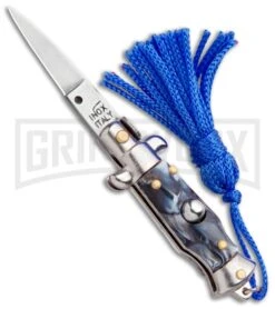 Italian Stiletto Gray Marble Automatic Knife Blue Keychain - Flat Grind