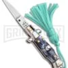 Italian Stiletto Gray Marble Automatic Knife Teal Keychain - Flat Grind