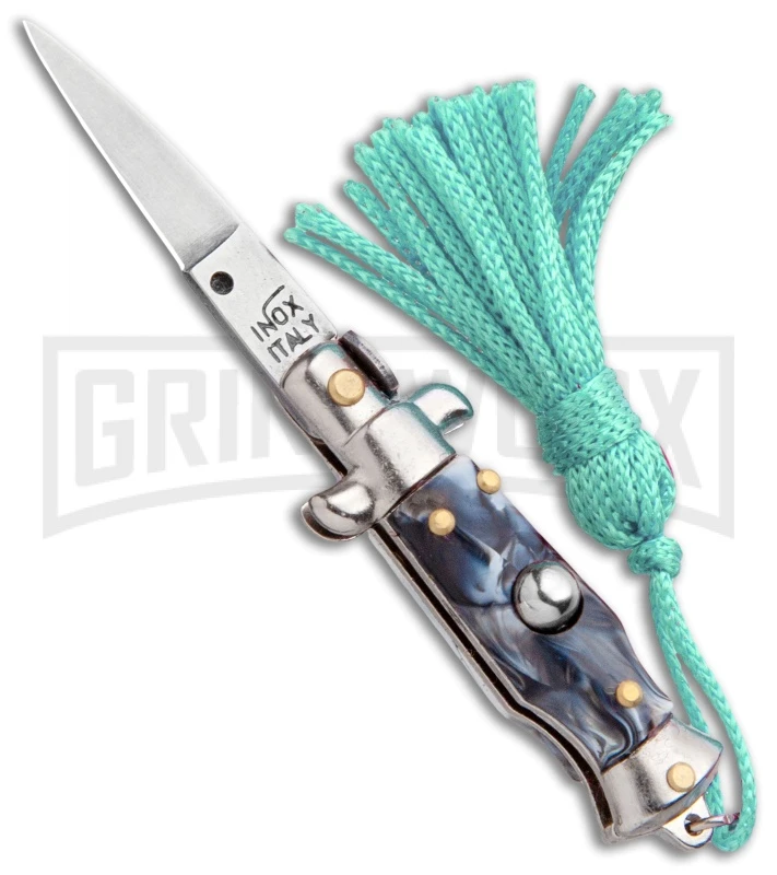 Italian Stiletto Gray Marble Automatic Knife Teal Keychain - Flat Grind 1 Italian Stiletto Gray Marble Automatic Knife Teal Keychain - Flat Grind