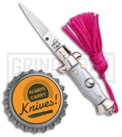 SKM Italian Stiletto Gray Automatic Knife Pink Keychain - Flat Grind -Knife Store SKM Italian Stiletto Keychain Auto Silver Pink Satin BHQ 102939 jr bottlecap large 1