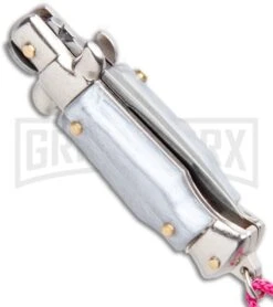 SKM Italian Stiletto Gray Automatic Knife Pink Keychain - Flat Grind -Knife Store SKM Italian Stiletto Keychain Auto Silver Pink Satin BHQ 102939 jr side large 1