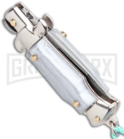 Italian Stiletto Gray Automatic Knife Teal Keychain - Flat Grind 6 Italian Stiletto Gray Automatic Knife Teal Keychain - Flat Grind -Knife Store SKM Italian Stiletto Keychain Auto Silver Teal Satin BHQ 102942 jr side large