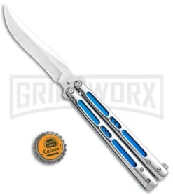 Silver/Blue Inlay Balisong Butterfly Knife - Satin Plain -Knife Store Silver Blue Inlay Balisong Satin GX 37631 jr bottlecap large