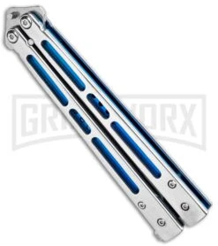 Silver/Blue Inlay Balisong Butterfly Knife - Satin Plain -Knife Store Silver Blue Inlay Balisong Satin GX 37631 jr spine large