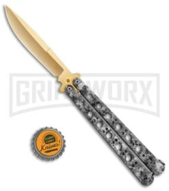 Stone Pattern BalisongButterfly Knife(4.25" Gold) -Knife Store Stone Pattern Balisong Butterfly Gold GX 37520 jr bottlecap large 1