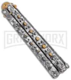 Stone Pattern BalisongButterfly Knife(4.25" Gold) -Knife Store Stone Pattern Balisong Butterfly Gold GX 37520 jr side large 1