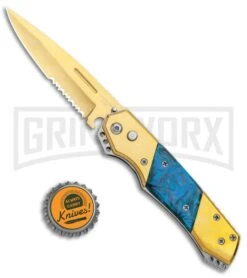 Super Knife Croc Automatic Knife Gold W/ Blue Inlay - Gold Serr -Knife Store Super Knife Croc Auto Stainless Gold Blue Serr GX 35767 jr bottlecap large