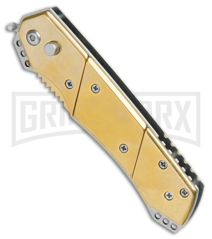 Super Knife Croc Automatic Knife Stainless Gold W/ Gold Inlay - Gold Serr 2 Super Knife Croc Automatic Knife Stainless Gold W/ Gold Inlay - Gold Serr - Image 2