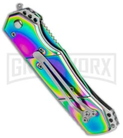 Super Knife Croc Automatic Knife Stainless Rainbow W/ White Inlay - Rainbow Serr -Knife Store Super Knife Croc Auto Stainless Rainbow White Spectrum Serr GX 35780 jr side large