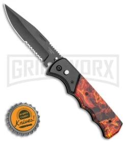 Super Knife Dingo Orange Flame Automatic Knife - Black Serr -Knife Store Super Knife Dingo Flame Automatic Knife Black Serr GA623PFA GX 35951 Bottlecap large