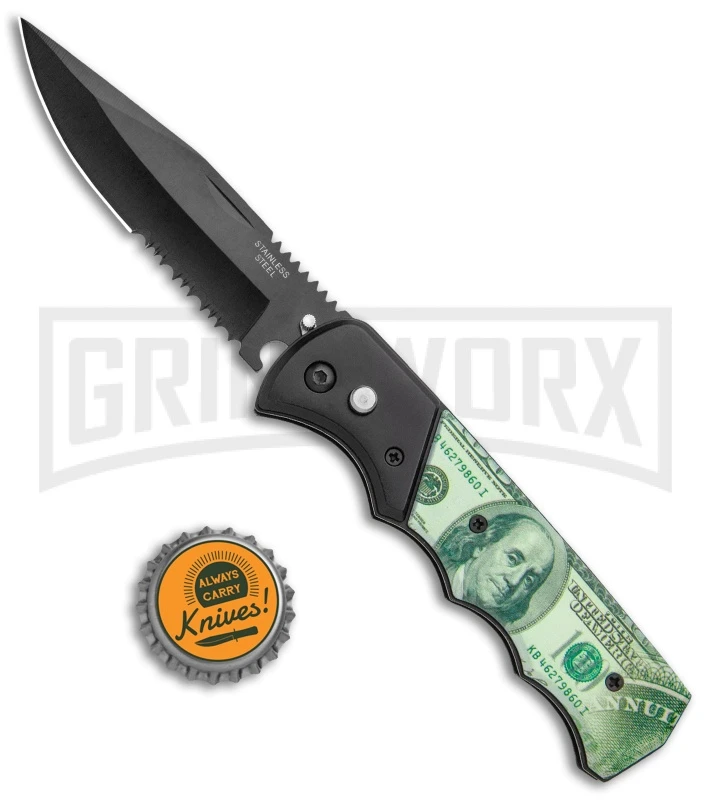 Super Knife Dingo Money Print Automatic Knife - Black Serr 4 Super Knife Dingo Money Print Automatic Knife - Black Serr - Image 4