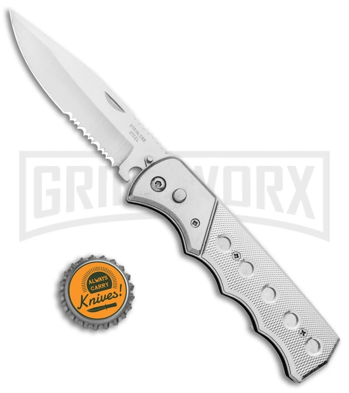 Super Knife Dingo Silver Holes Marble Acrylic Automatic Knife - Satin Serr 4 Super Knife Dingo Silver Holes Marble Acrylic Automatic Knife - Satin Serr - Image 4