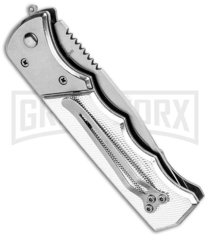 Super Knife Dingo Silver Holes Marble Acrylic Automatic Knife - Satin Serr 3 Super Knife Dingo Silver Holes Marble Acrylic Automatic Knife - Satin Serr - Image 3