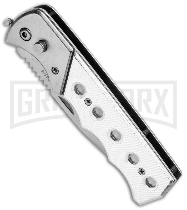 Super Knife Dingo Silver Holes Marble Acrylic Automatic Knife - Satin Serr 2 Super Knife Dingo Silver Holes Marble Acrylic Automatic Knife - Satin Serr - Image 2