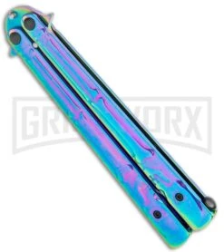 Super Knife Rainbow Balisong Butterfly Knife Skull/Bones - Rainbow Serr -Knife Store Super Knife Rainbow Balisong Butterfly Skull Bones Rainbow Serr GX 36286 jr side large