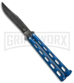 Bear And Son Knives Blue Balisong Butterfly Knife - Damascus Plain