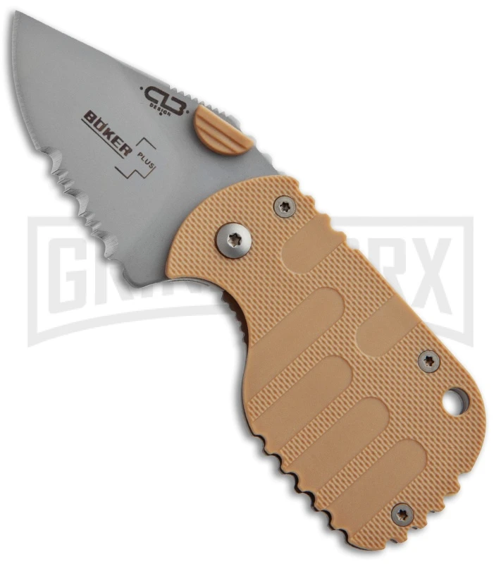 Boker Plus Subcom F Desert Tan Folding Knife - Bead Blast Serr 1 Boker Plus Subcom F Desert Tan Folding Knife - Bead Blast Serr