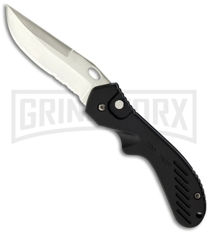 Top-Tech Black Automatic Knife - Satin Serr 1 Top-Tech Black Automatic Knife - Satin Serr