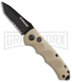 Schrade Mini Extreme Survival Tan Automatic Knife - Tanto Black Serr