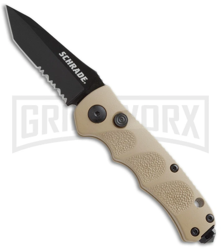 Schrade Mini Extreme Survival Tan Automatic Knife - Tanto Black Serr 1 Schrade Mini Extreme Survival Tan Automatic Knife - Tanto Black Serr