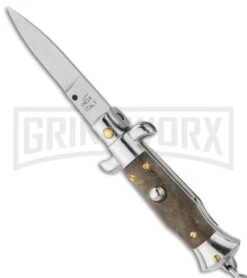 SKM 4" Italian Stiletto Simulated Wood Automatic Knife Keychain - Flat Grind